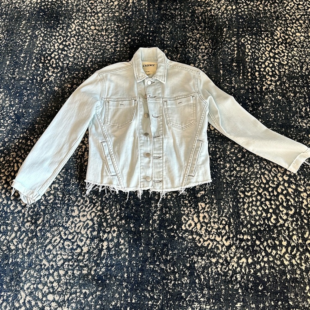L’Agence cropped, fitted denim jacket; palest blue